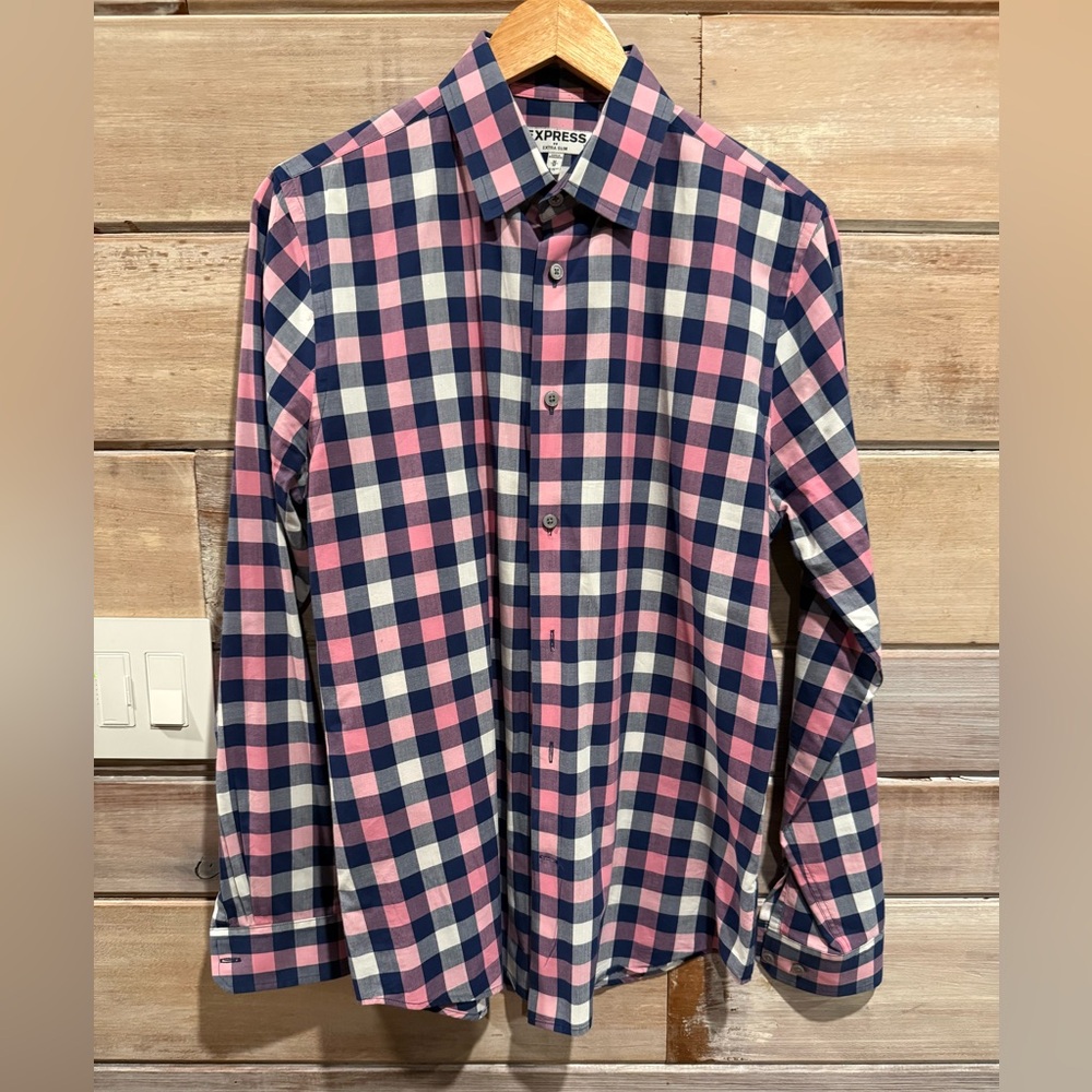 Express Pink, Navy & White Checked Button-Down Shirt Size M